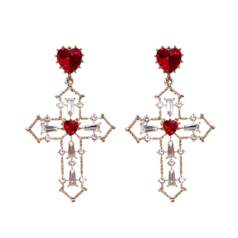 

Baroque Style 925 Silver Needle Red Diamond Heart Stud Earrings 18k Gold Long Hanging Crystal Cross Dangle Earrings