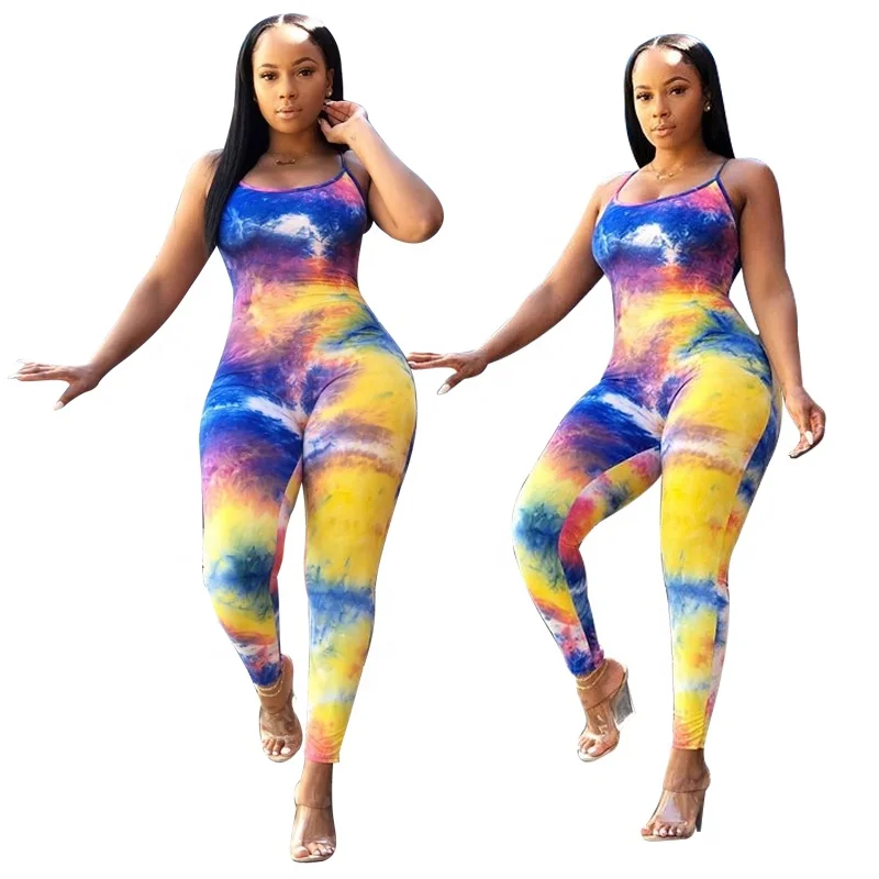 

Summer colorful tie dye spaghetti straps jumpsuits bodysuit sexy jumpsuits for women, Multi