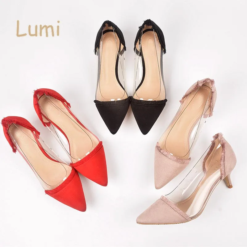 

Ladies fashion transparent PVC low heel pointed toe pumps shoes, As photos