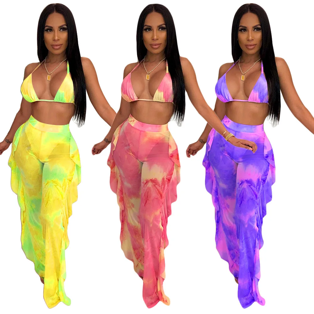 

Two Piece Set Women Clothing Ruffle Romper Bikini Girl Sexy Mesh Long Pant, Nude