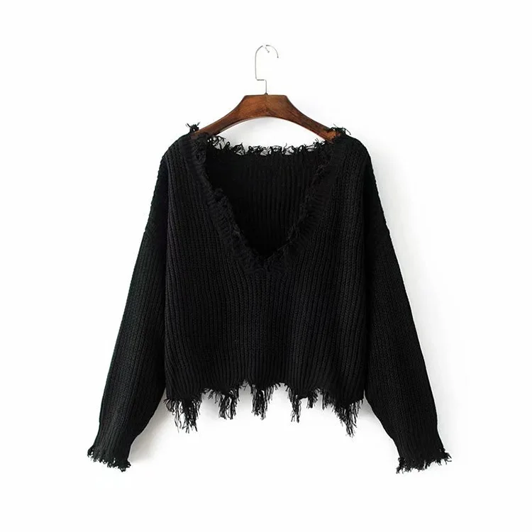 

Autumn and Winter Women's T-shirt Deep V-neck Navel Tassel Fashion Casual Women's Sweater