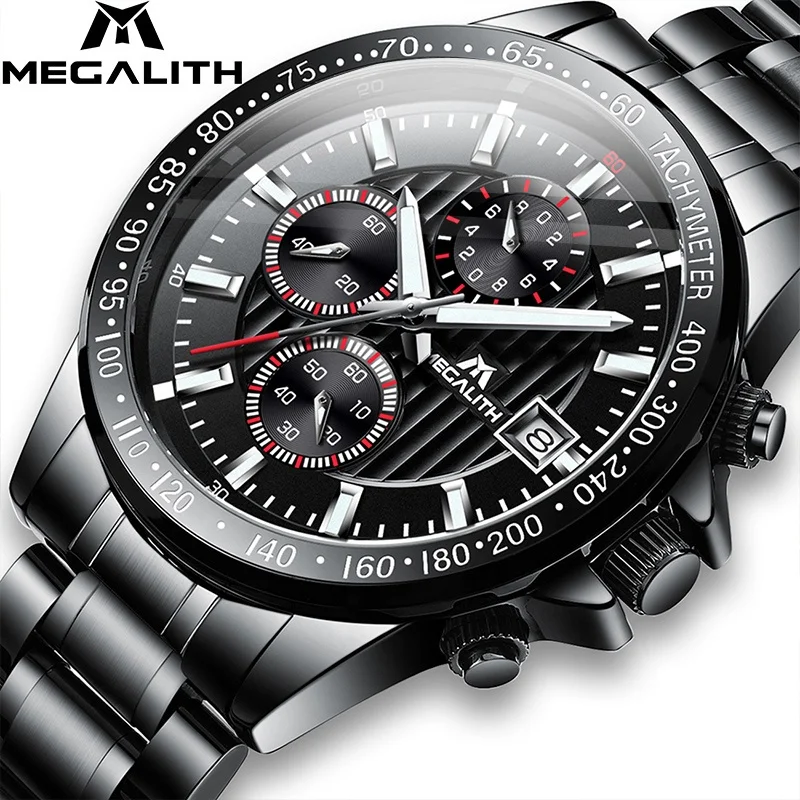 

MEGALITH 2020 Luxury Sport men Quartz Watch Three Eyes Dial Date Display Chronograph Business watch for Relogio masculino