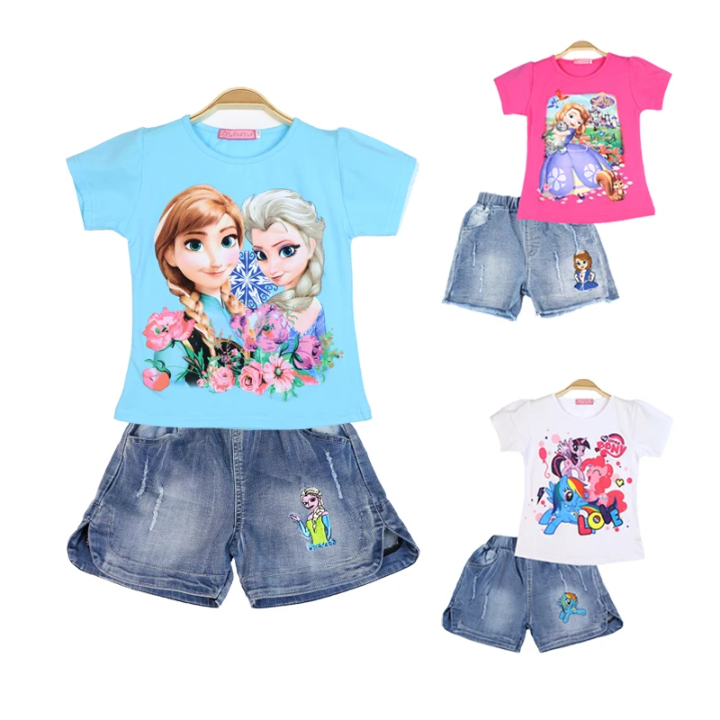

Girls Outfits Short Sleeve Cotton Elsa Anna Summer Kids Jeans Shorts Clothing Two-piece Sets Children Clothes Sofia Pony