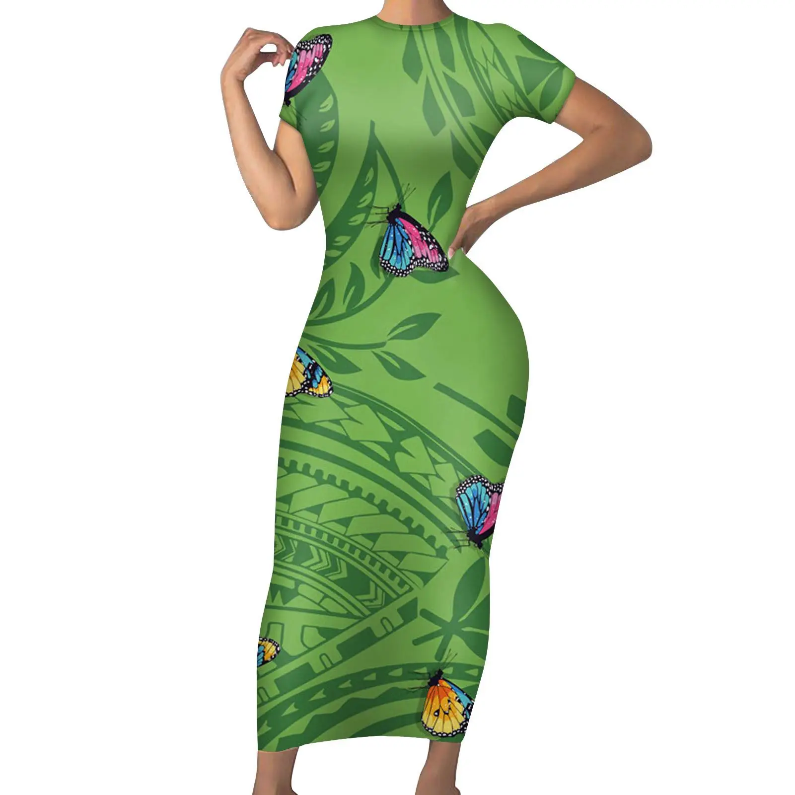 

MOQ 1 Custom Women Long Bodycon Dresses Sexy Tight butterflies Dresses Plus Size Polynesian Hawaiian Floral Fabric Printing