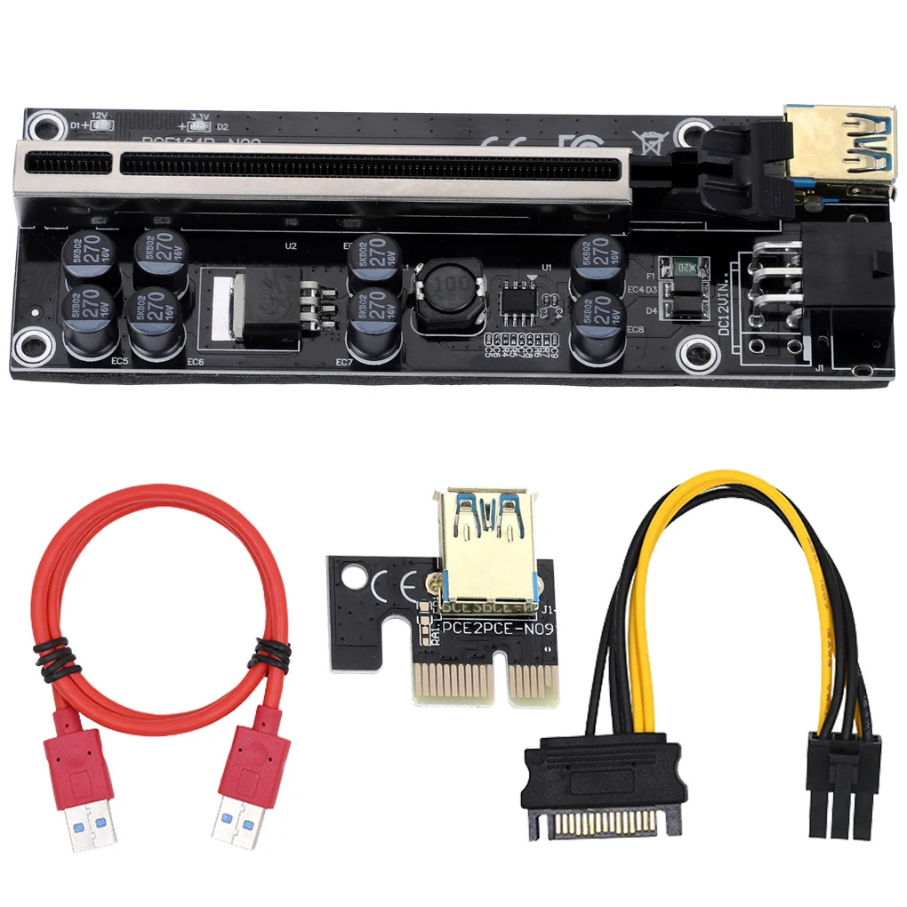 

Factory PCI-E Pcie Riser Ver009S PLUS Profesional Express 1X 4x 8x 16x Extender PCI E USB Riser 009 GPU 6Pin Card SATA 15pin