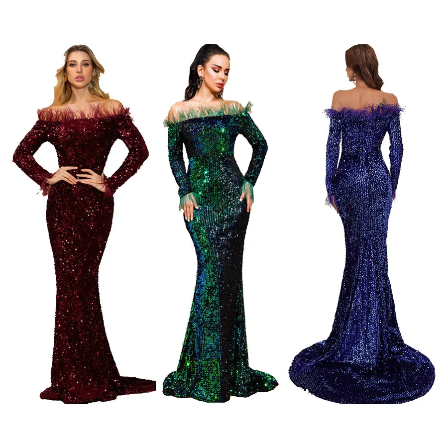 

Foma FT19005 women sexy off shoulder feather mermaid dress evening floor-length dresses with sequined party gowns for lady, 5 colors