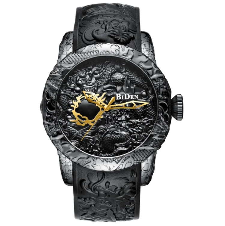 

New Fashion Sculpture Dragon Men's Quartz Watches Brand BIDEN Gold Mechanical Watch Men Exquisite Relief Creative Clock Relogio