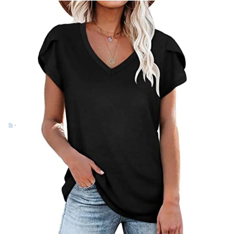 

New Style Women's Tops Crop V Neck Summer Petal Sleeve Oversize Casual Blank T-shirt, Shown