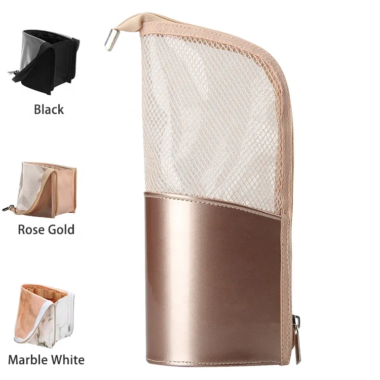 

Relavel Dual Function Gold Small Waterproof Stand Up Organizer Pencil Pen Case for Desk Divider Makeup Brush Holder For Travel, Rose gold