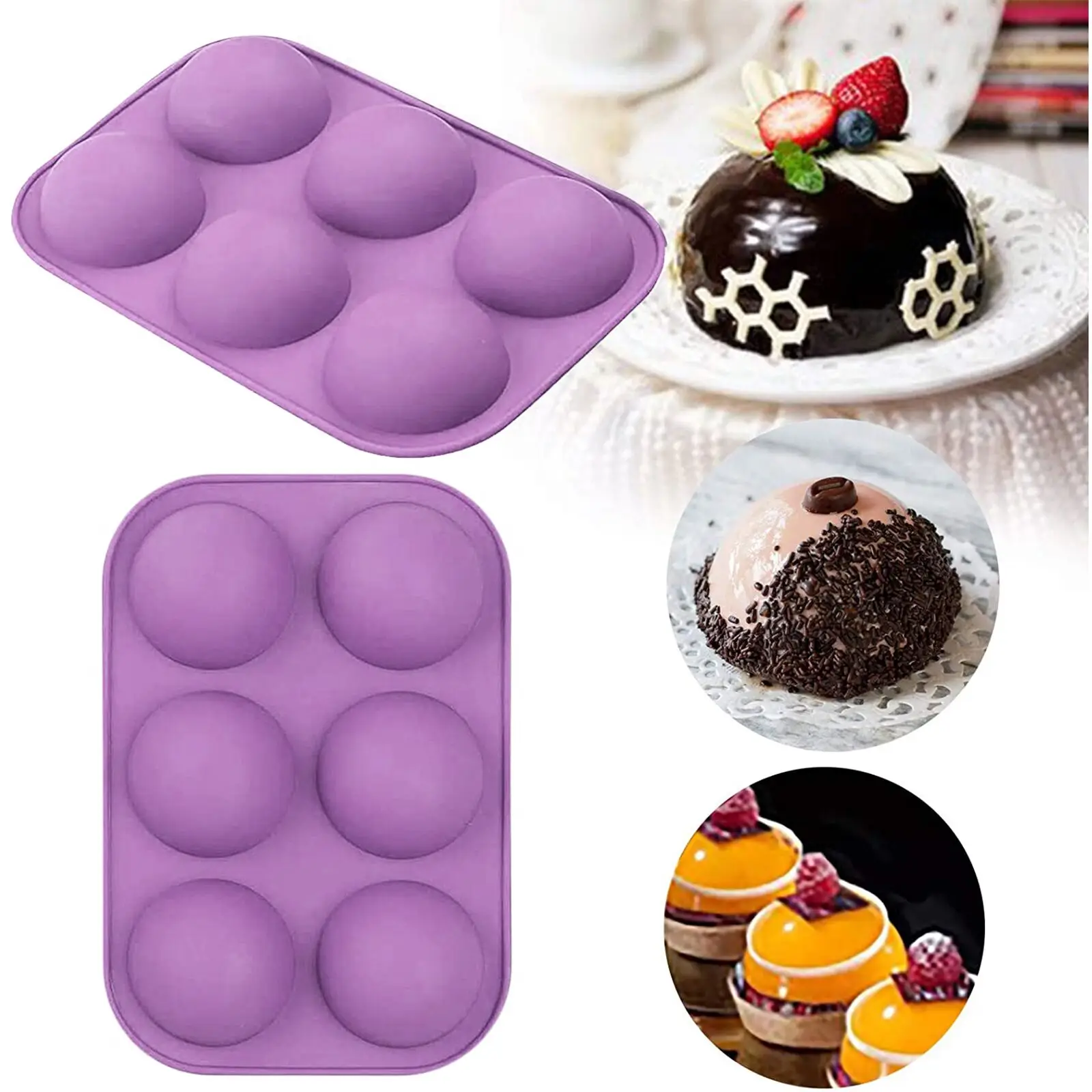 

Easy to Release Non Stick Highly Quality 6 Cavities Half Sphere Silicone Cake Mold For Making Cake Chocolate Jelly Mold, Purple,brown