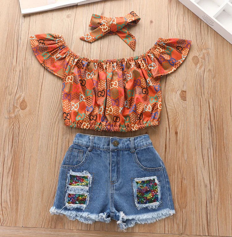 

baby girls' clothing set summer crop top short jean two 2 piece set cotton comfortable clothing set floral printed ruffle sleeve