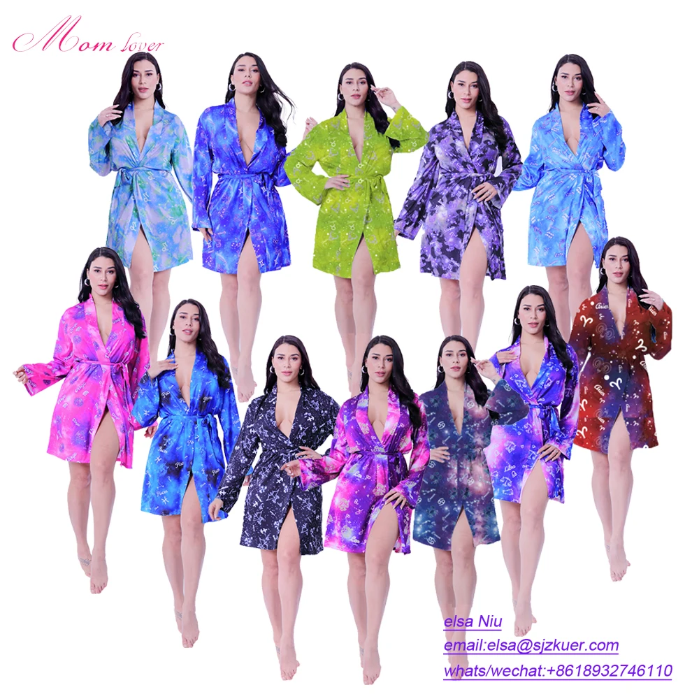 

2021 New sexy bath robe kimono Wholesale cheap bathing robes 12 Zodic Signs robes de soir e femme, As picture