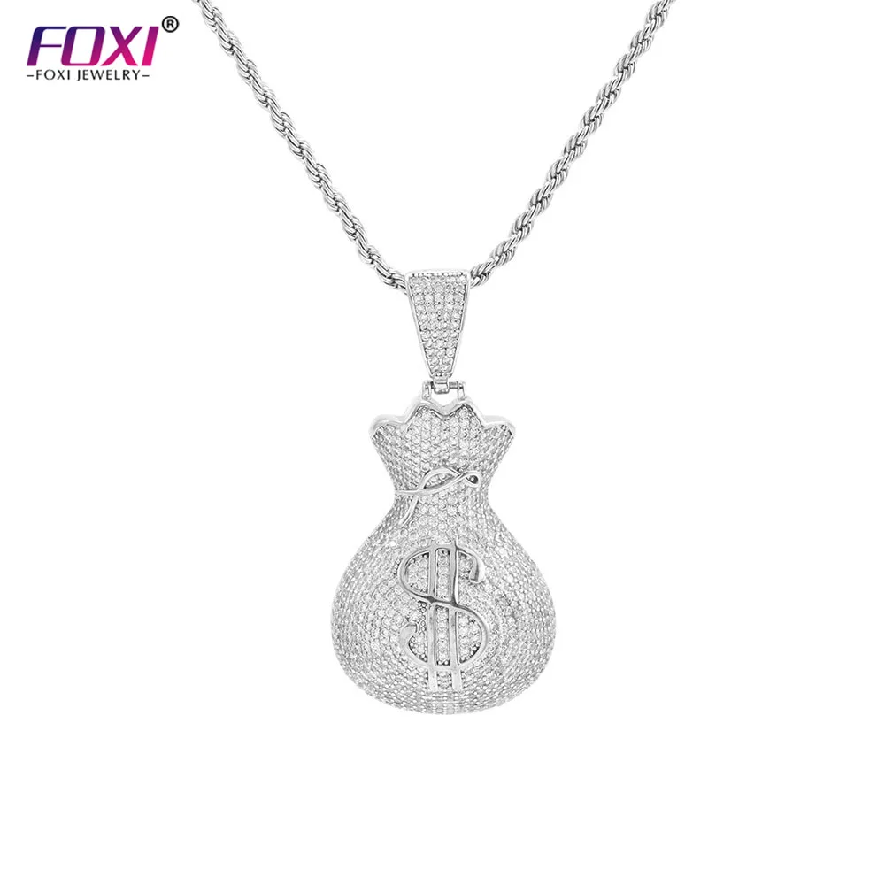 

Brass Gold Plated Micro Paved Cubic Zircon Lab Diamond Sand Dollar Sign Money Bags Pendant Necklace