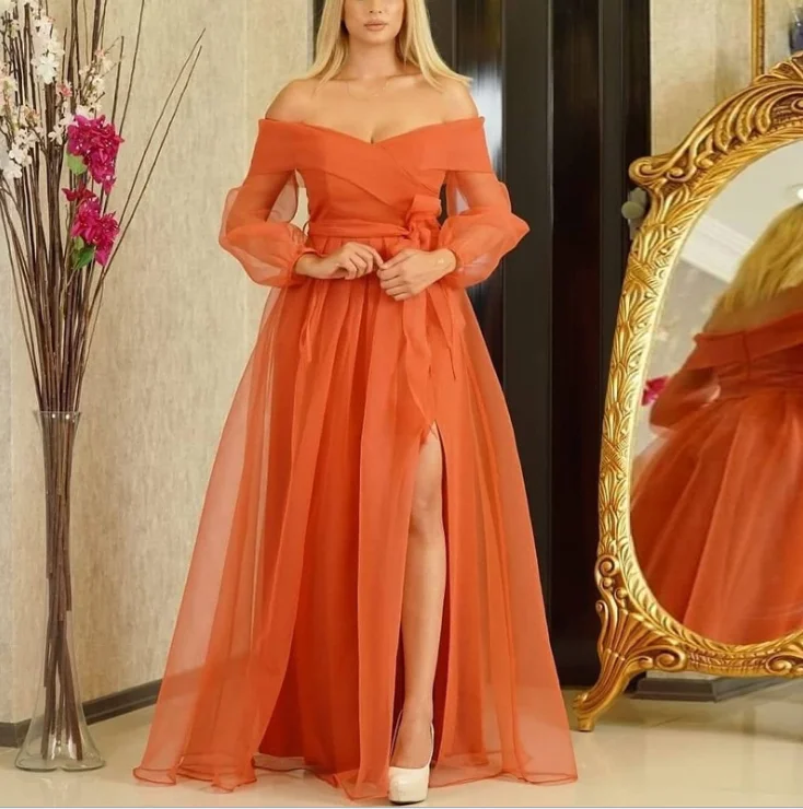 

Summer Sexy Orange Tulle Off Shoulder Waist Belt Lady Evening Dress