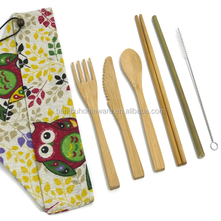 

Organic reusable bamboo travel cutlery set bamboo spoon knife fork chopsticks set with cotton bag