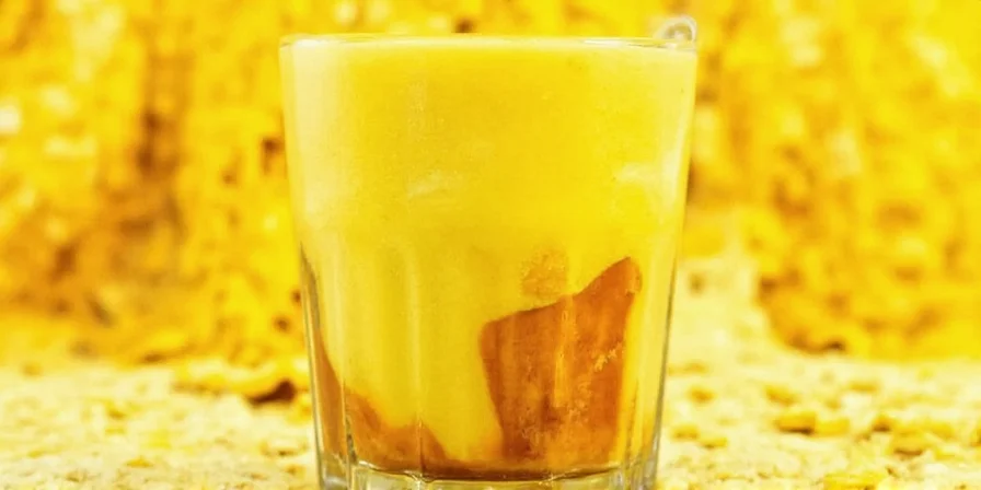 A kitchen scene showing ingredients laid out for making turmeric milk.