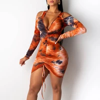

Drawstring Folds Fall Women Clothing 2019 Bodycon Strapless Dress Sexy Long Sleeve Dress