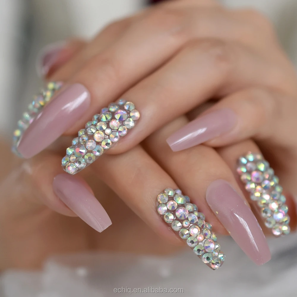 Long Designed Nails Salon Nude Pink Products 3d Rhinestone Coffin Nail Art  Tips Luxury Sparkling Full Nail Set L5620 - Buy Tips Nail,Nail Art Tips  False Nails Sets Nail Art Tips Nail