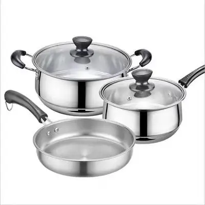 

Factory Supply 430 Thickened Stainless Steel Cookware Three Piece Soup Pot Milk Pot Wok Set Cookware Multi Purpose Gift Gift, Sliver