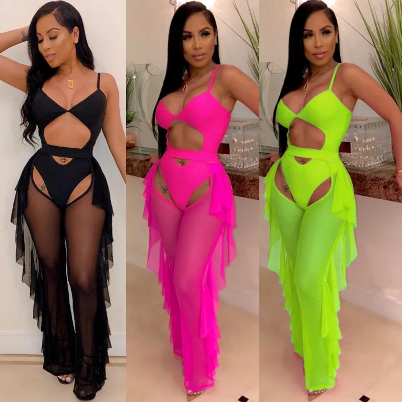 

High Slit Cover Up Beachwear Dress Shining Mesh Fabric One Piece Dress With Hat Women