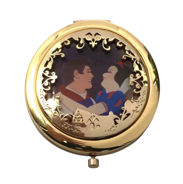 

High Quality Metal Rose Gold Openwork Lace Fairy Tale Snow White Prince Charming Double Sided HD Foldable Pocket Mirror