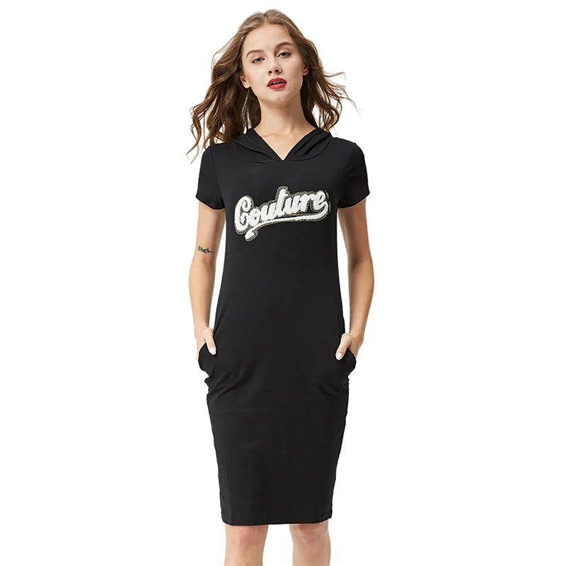 

Women's 2020 Casual Letter Applique Knitted Outwear Hooded Dresses Ladies Summer Short Sleeve Bodycon Dress Apparel Wholesale