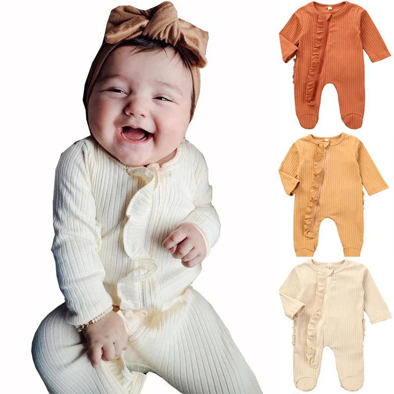 

Custom OEM ODM Infant Toddler Clothes Ribbed Cotton Girl Ruffle Footed Pajamas Romper Baby Jumpsuit Zipper, Photo showed and customized color