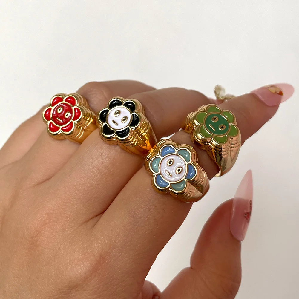 

Fashion Y2k Jewelry Colorful Chunky Enamel Flower Rings Women Gold Plated Finger Ring, Mixed color