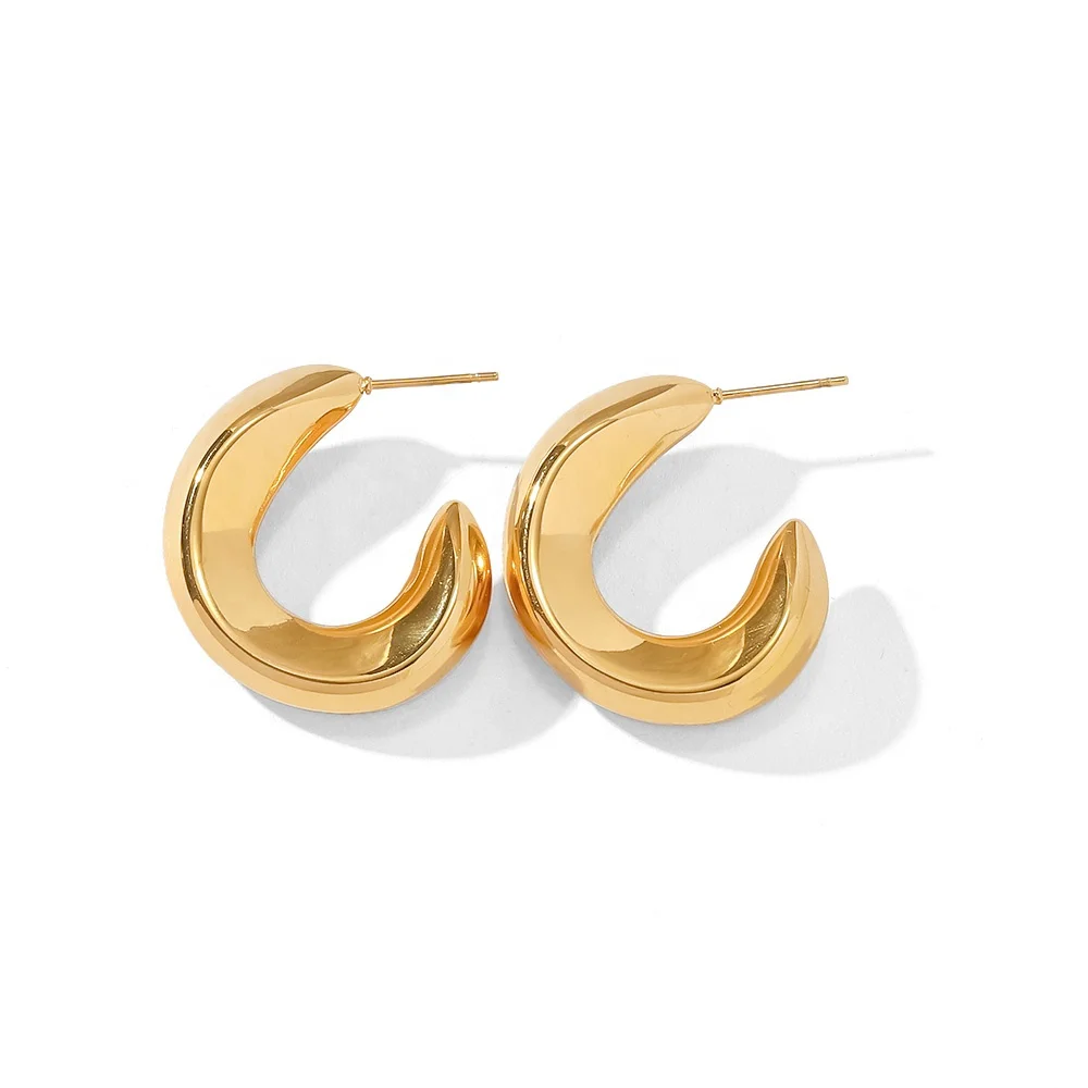 

18k Gold Plated Stainless Steel Hollow C Shape Wave Pattern Hypoallergenic Hoop Earrings For Girl