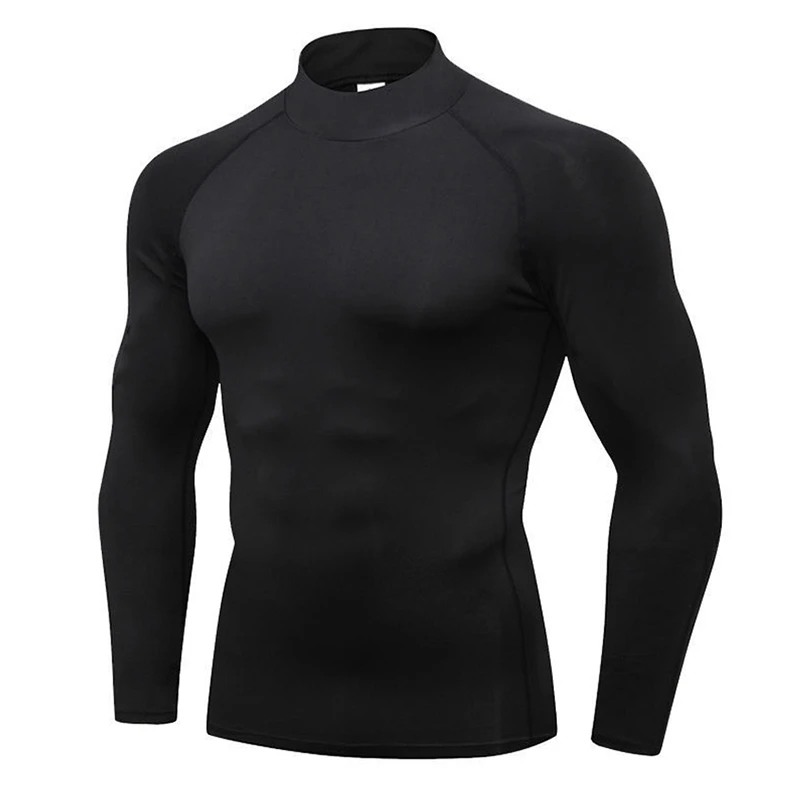 Custom Factory Supply High Collar Quick Dry Long Mens Compression Shirt Long Sleeve