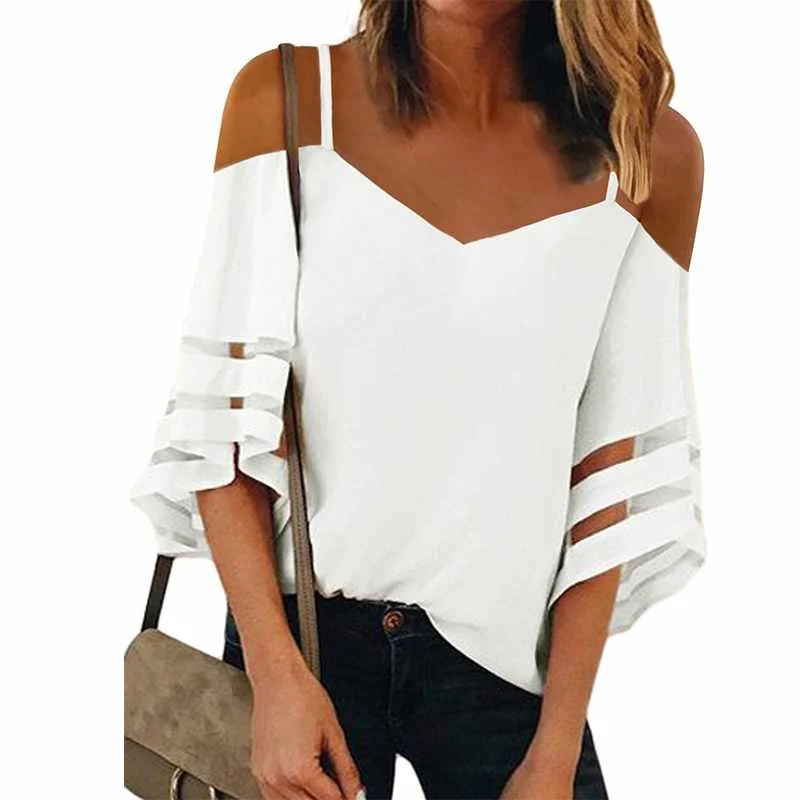 

New Fashion Summer Top Spaghetti Straps Cold Shoulder Mesh Insert Bell Sleeve Women Casual Blouse