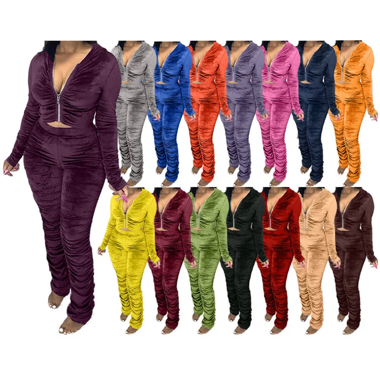 

Ladies fashion leisure autumn and winter pleuche fabric suit crop top zipper hoodie pleated two piece set