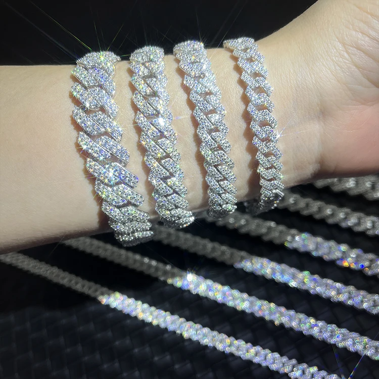 RTS Mossanite Cuban Bracelet Fine Jewelry 2rows 8mm-15mm S925 Silver GRA Moissanite Bracelet VVS Lab Diamond Cuban Bracelet