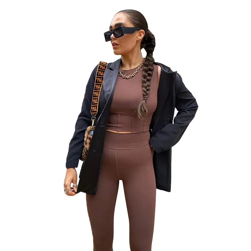 

New Fall Winter Women Fashion Casual Sport Outfits Sexy Sleeveless Tank Top High Waist Leggings Pants Two Piece Set, Picture color
