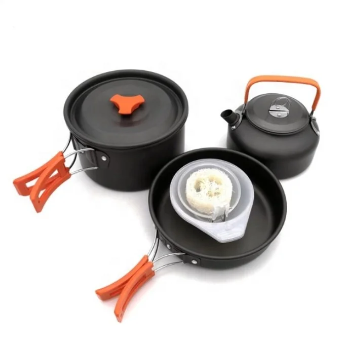 

High Quality Aluminium Camping Pot Set Hiking Backpacking Cookware Outdoor Camping Cooking Cookware Set, Black handle;orange handle;green handle