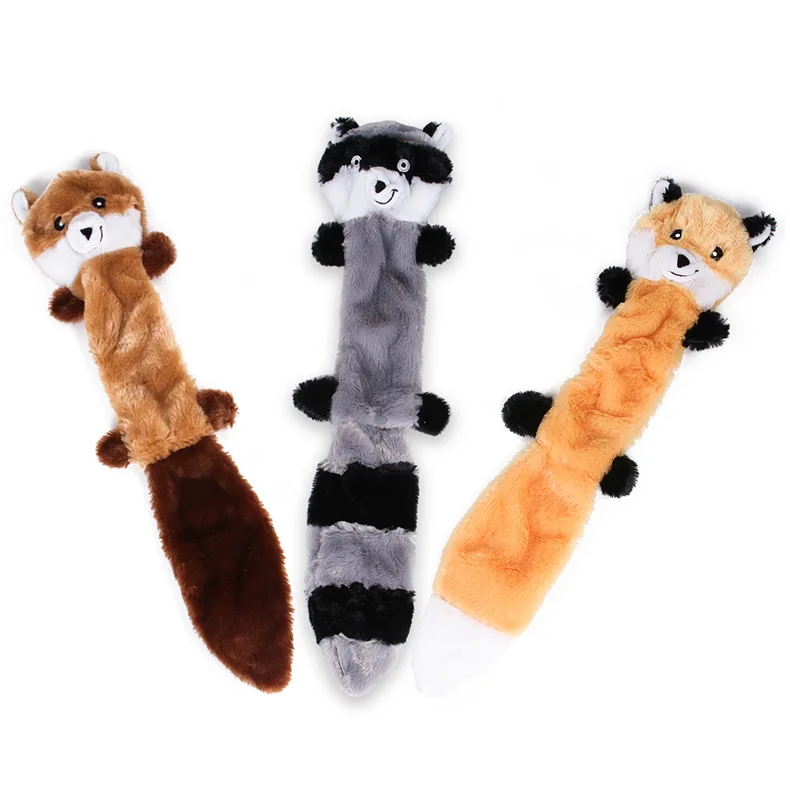 

Big Size 45cm Pet Product 202 Skinny Peltz No Stuffing Squeaking Plush Dog Toys with Fox /Squirrel /Raccoon, Brown,yellow,grey