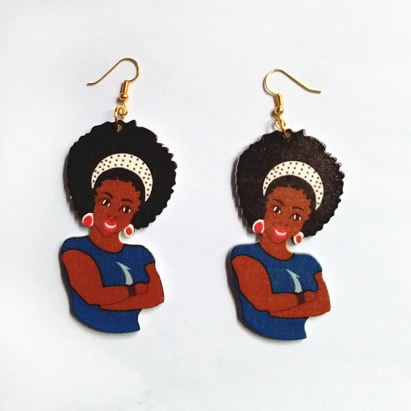 

Hyperbolic Multicolor Wooden African Headwrap Women Pendant Earrings Ethnic Design Wood Print Female Portrait Charm Earrings, As picture