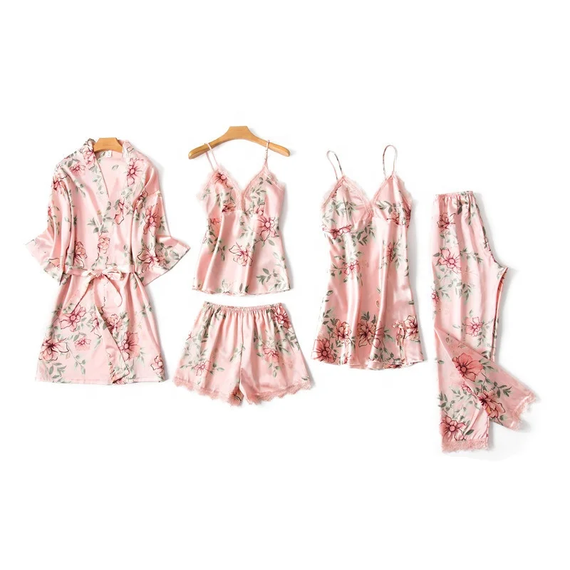 

Wholesale Custom Five Pieces Pyjamas Set Ladies Satin Silk Sleepwear Floral Printed Luxury Girls Pajama Sets