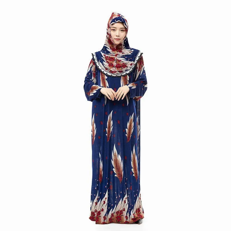 

Wholesale muslim prom dresses prayer abaya long dress with headscarf robe-femm colorful printed islamic robe