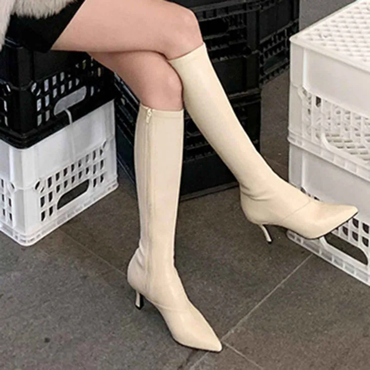 

Korean Style High Quality Shoes Pointed Toe High Heels Women Knee Boots For Winter, Black,beige white