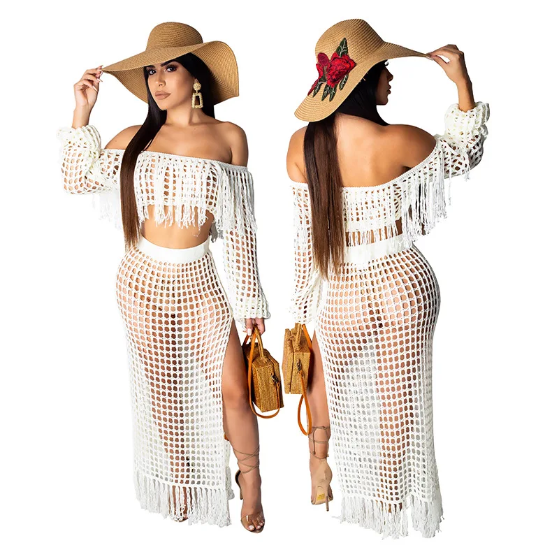 

Custom Summer Sexy Hollow Weave Long Tassel Top Two Pieces Off Shoulder Beach Dress For Woman