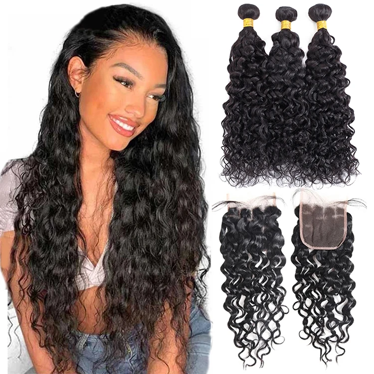 

Factory price top quality 10A 12A water wave human hair weave bundle with closure, cuticle aligned virgin Brazilian hair vendors