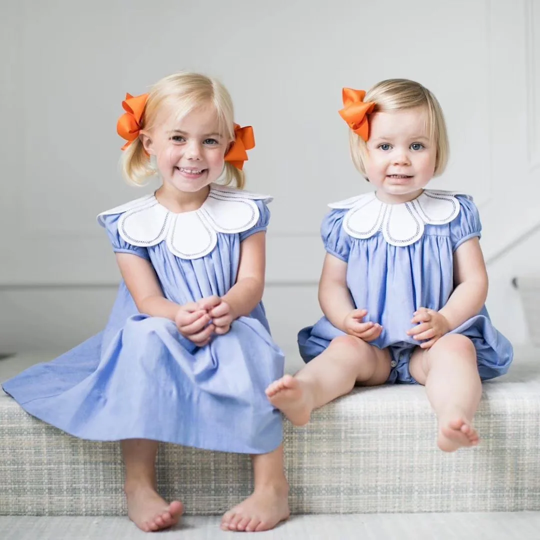 

Children Summer Clothes Baby Girl Princess Smocked Romper Infant Handmade Smocking Bubble Blue Dress For Girls