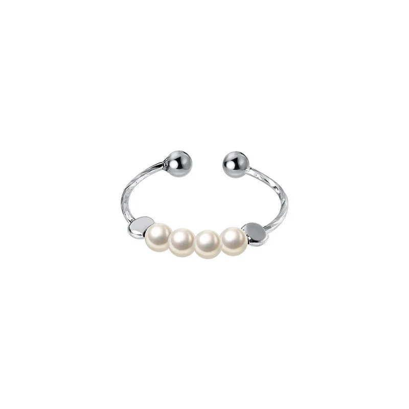 

925 Sterling Silver Shell Pearl Open Ring Fashion Flat Beads Ring for Women, Whit gold