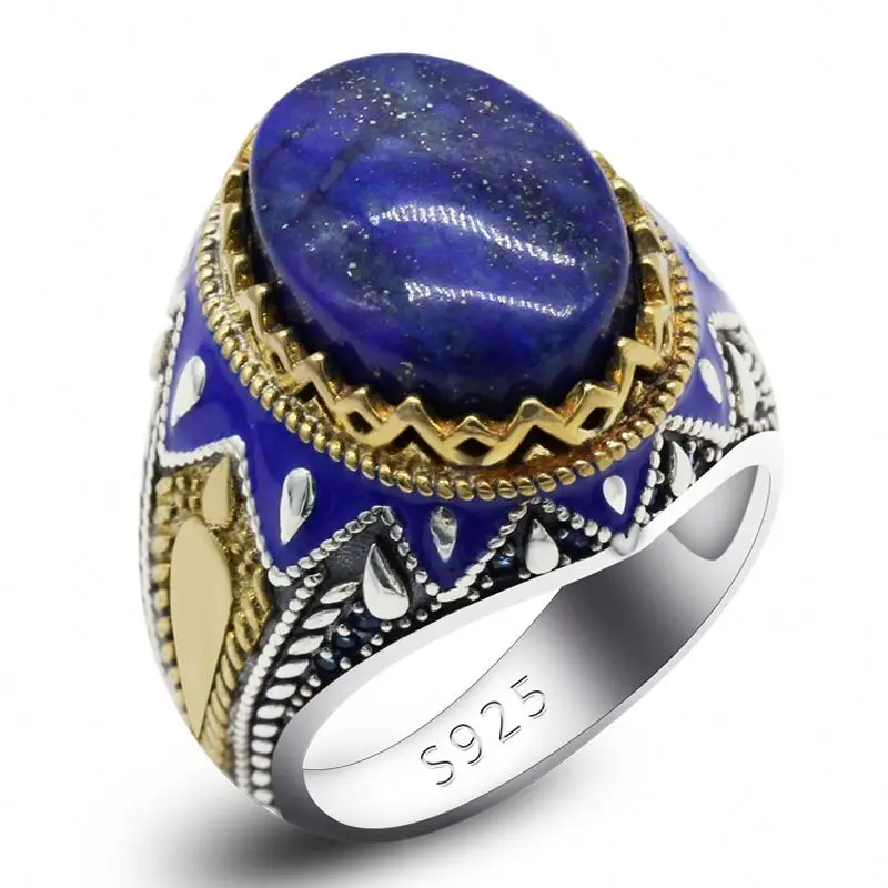 

2022 Turkish Jewelry Black Ring for Men 9g Sapphire 925 sterling silver Middle East personality gold Blue dropper men's ring