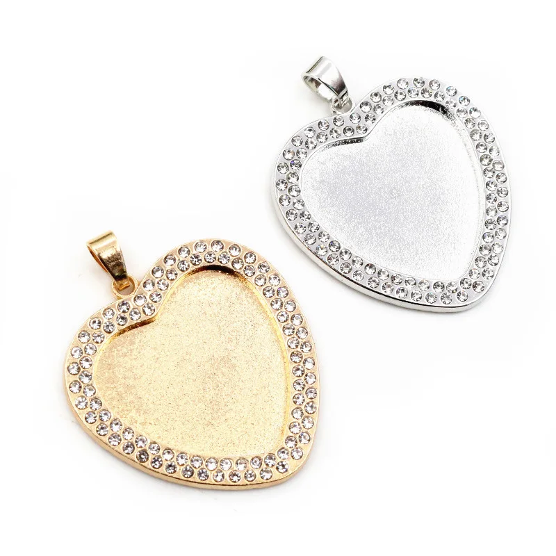 25mm Inner Size Rhodium KC Gold Plated Transparent Rhinestone Heart Blank Cabochon Base Setting Charms Pendant