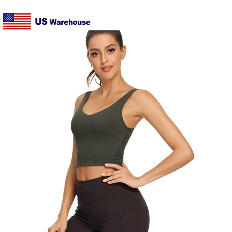 

Nylon Spandex USA STOCK Fast Dispatch Women Longline Sports Bra Removable Padded Crop Yoga Workout Tank Top with Built in Bra