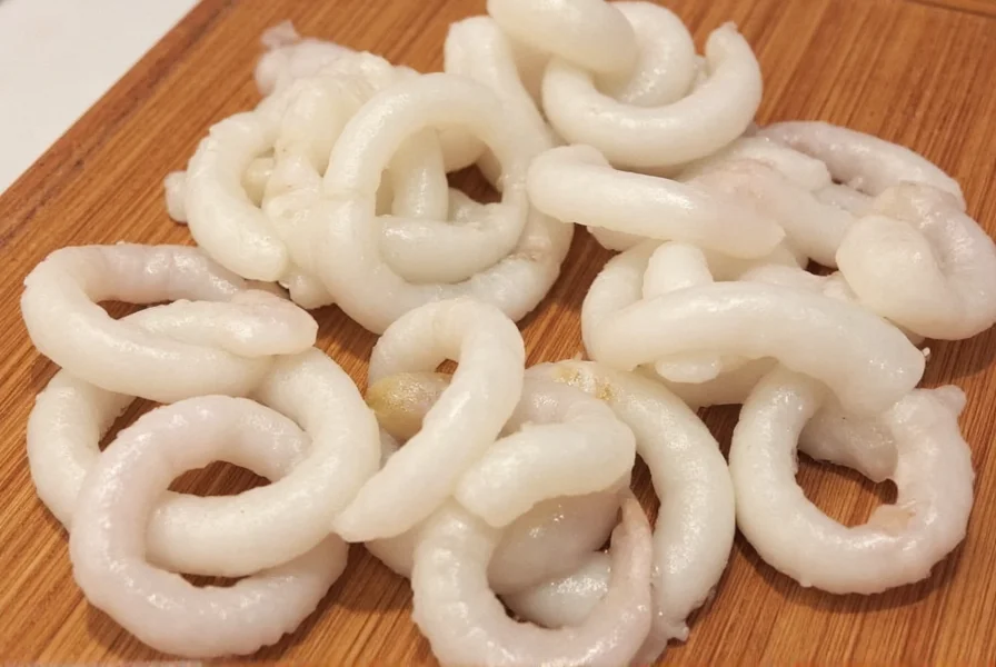 Fresh squid rings scored in crisscross pattern ready for salt pepper chilli preparation