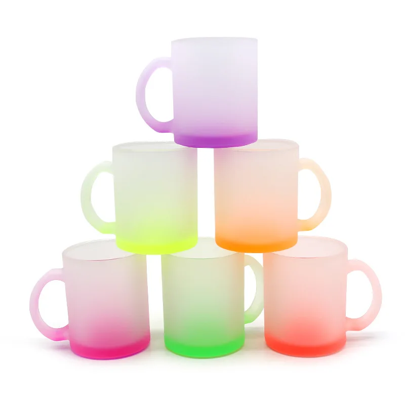 

Superior Quality Sublimation Blanks 11oz Gradient Color Fluorescent Frosted Glass Mug with Handle Beer Coffee Mug, Red, pink, orange, blue, purple, green, and light green