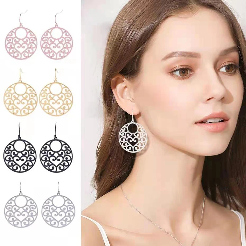 

Fashion Stainless Steel Flower Filigree Drop Earrings Women Real 18k Gold Plated Statement Dangle Earring Jewelry, Steel color, gold, rose gold, black